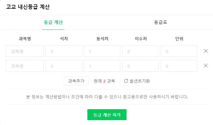 네이버 내신등급 계산기 페이지